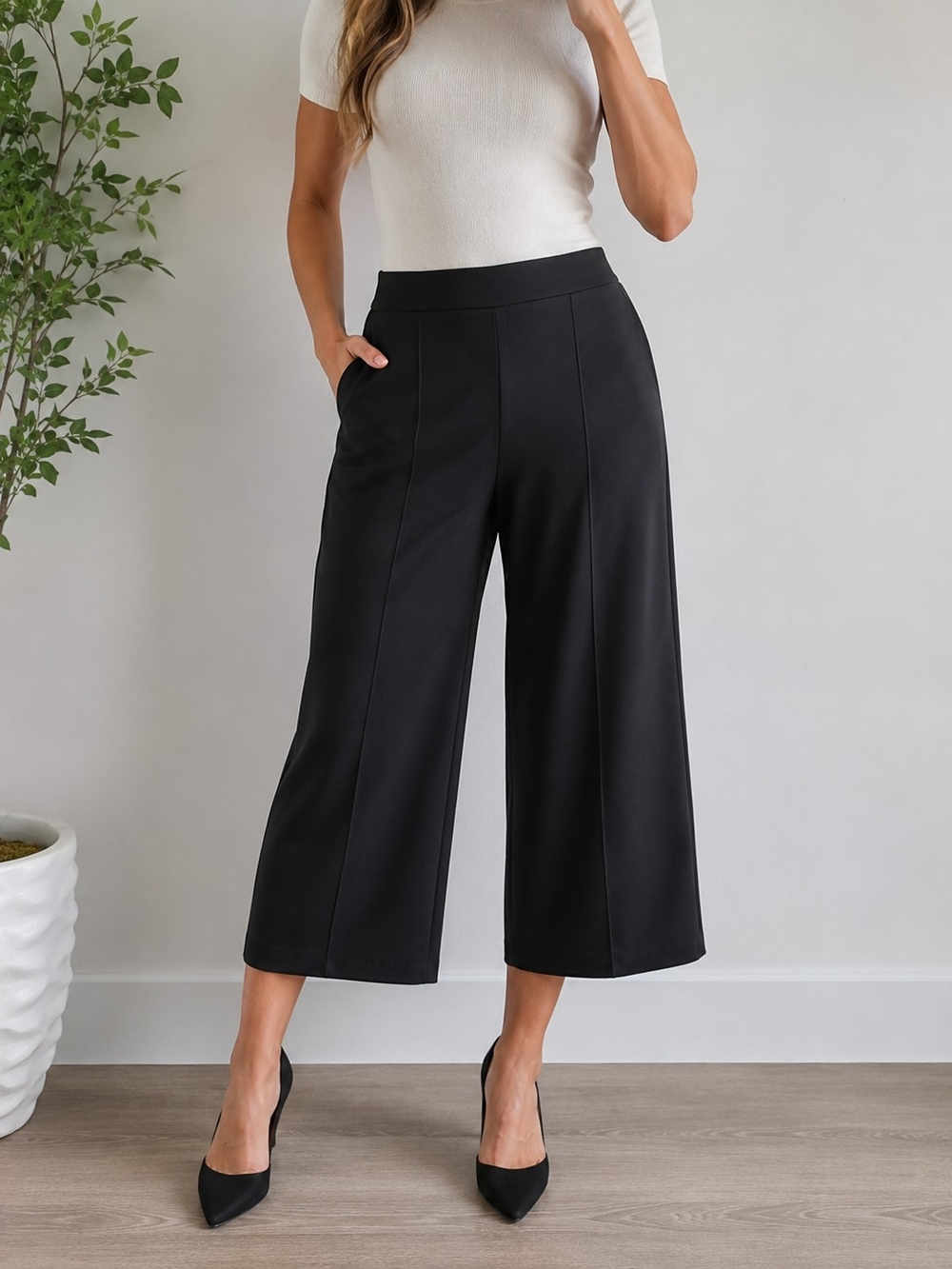 Christian Siriano Women’s XL Black Culotte Pants Wide Leg Pull On Stretch